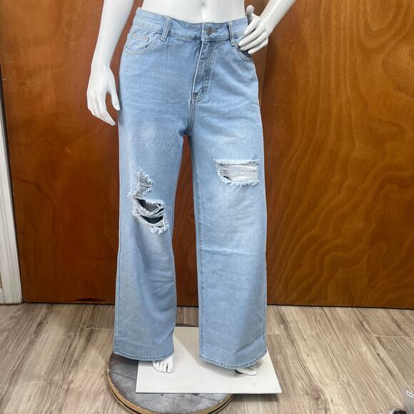 Shein Women's Relaxed Wide Leg Distressed Light Blue Jeans Size L - Picture 1 of 10